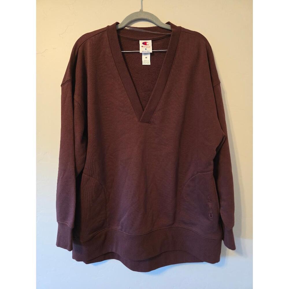 Champion Brown V Neck Sweatshirt Oversized Minimal Athleisure Pullover M